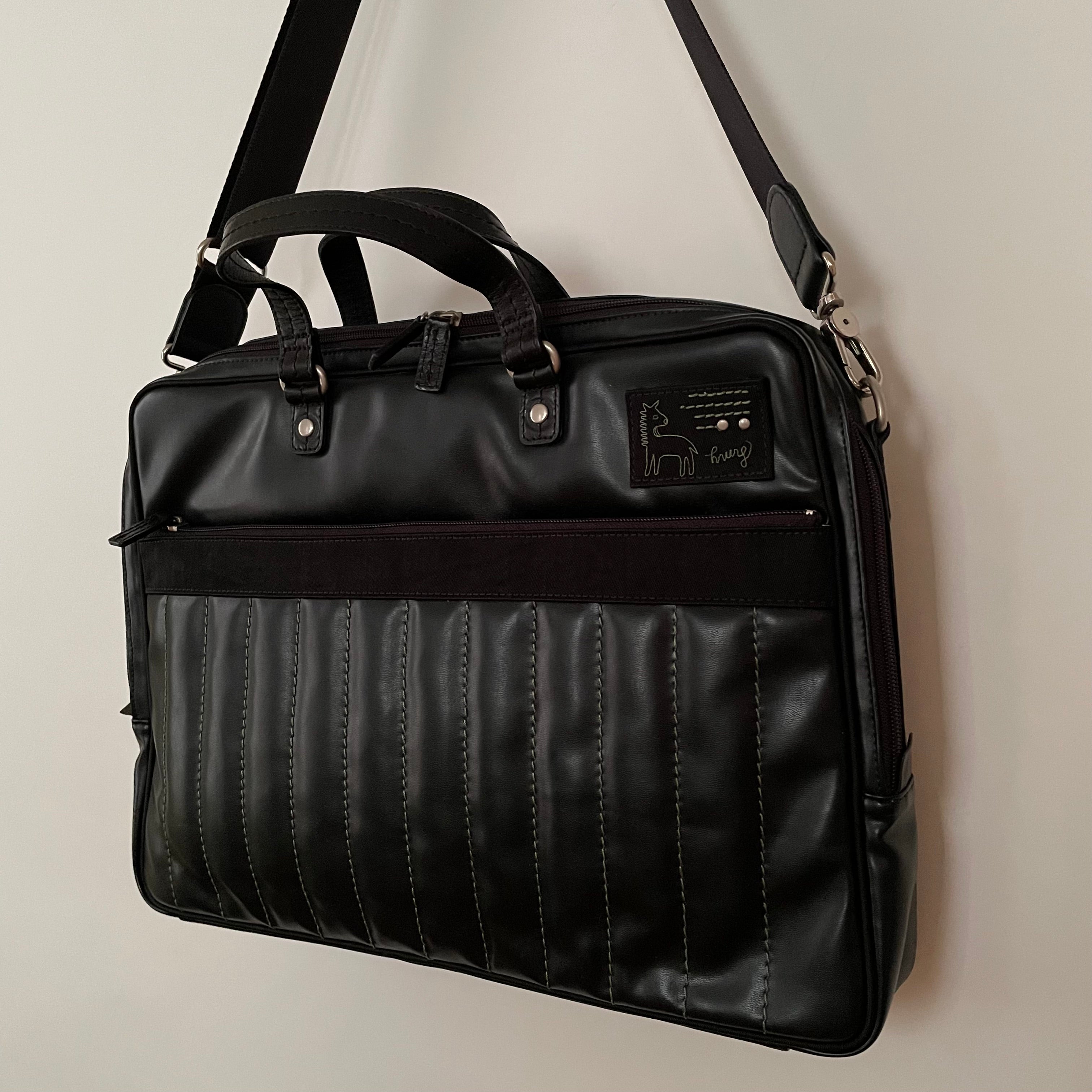 Premium Collection | Vegan Leather x Nylon x Leather Handles Briefcase with Stripe Stitch Accents | Black x Green